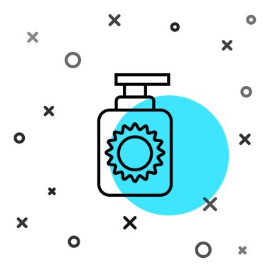 Siyah çizgi güneş kremi şişesi simgesi beyaz arkaplanda izole edilmiş. Cilt için güneş ultraviyole ışığından koruma. Rastgele dinamik şekiller. Vektör İllüstrasyonu