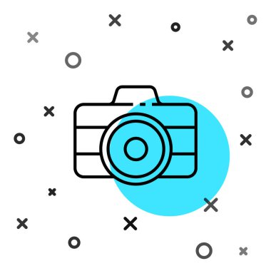 Siyah çizgi fotoğraf makinesi simgesi beyaz arkaplanda izole edildi. Fotoğraf makinesi simgesi. Rastgele dinamik şekiller. Vektör İllüstrasyonu