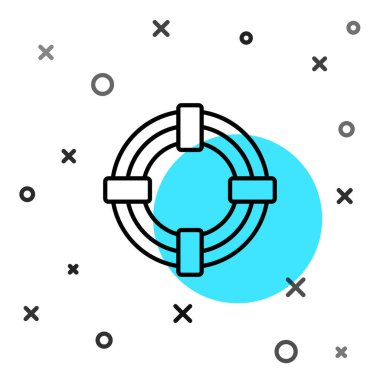 Siyah çizgi Lifebuoy simgesi beyaz arkaplanda izole edildi. Hayat kurtaran yüzen can simidi plaj için, kurtarma kemeri insanları kurtarmak için. Rastgele dinamik şekiller. Vektör İllüstrasyonu