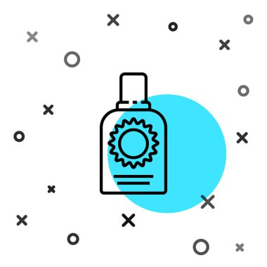 Siyah çizgi güneş kremi şişesi simgesi beyaz arkaplanda izole edilmiş. Cilt için güneş ultraviyole ışığından koruma. Rastgele dinamik şekiller. Vektör İllüstrasyonu