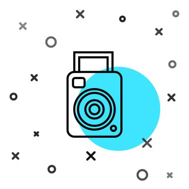 Siyah çizgi fotoğraf makinesi simgesi beyaz arkaplanda izole edildi. Fotoğraf makinesi simgesi. Rastgele dinamik şekiller. Vektör İllüstrasyonu