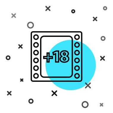 Siyah çizgi Play Videosu ve beyaz arkaplanda 18 yazılı içerik simgesi var. Yaş sınırlama sembolü. Yetişkin kanalı. Rastgele dinamik şekiller. Vektör İllüstrasyonu