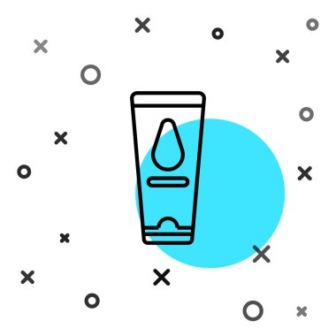 Siyah çizgi kişisel kayganlaştırıcı simgesi beyaz arkaplanda izole edildi. Yağlama jeli. Erotik seks oyunları için krem. Paketli tüp. Rastgele dinamik şekiller. Vektör İllüstrasyonu