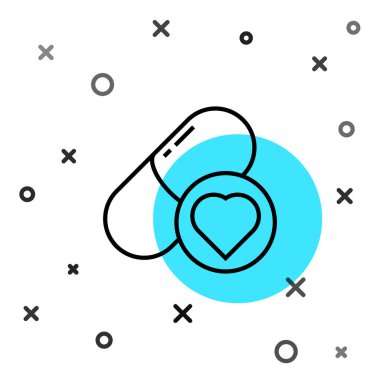 İktidar için siyah çizgi hapları, beyaz arka planda izole edilmiş afrodizyak ikonu. Erkekler ve kadınlar için seks hapları. Rastgele dinamik şekiller. Vektör İllüstrasyonu