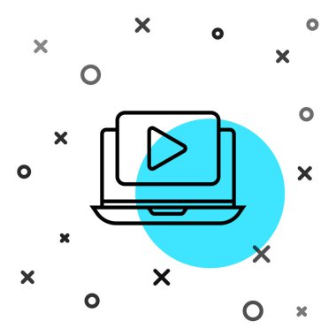 Siyah çizgi çevrimiçi video simgesi beyaz arkaplanda izole edildi. Dizüstü bilgisayar ve oyun işaretli film şeridi. Rastgele dinamik şekiller. Vektör İllüstrasyonu