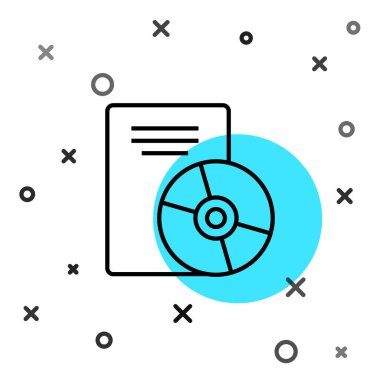 Beyaz arkaplanda siyah çizgi CD veya DVD disk simgesi izole edildi. Küçük disk işareti. Rastgele dinamik şekiller. Vektör İllüstrasyonu