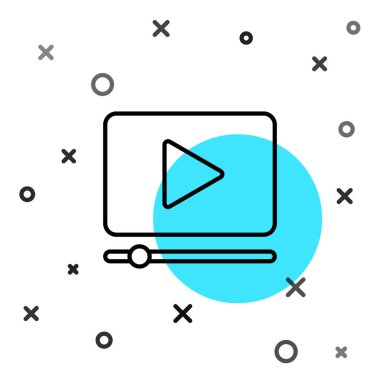 Siyah çizgi çevrimiçi video simgesi beyaz arkaplanda izole edildi. Oyun işaretli film şeridi. Rastgele dinamik şekiller. Vektör İllüstrasyonu