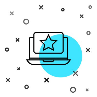 Beyaz zemin üzerinde yıldız simgesi olan siyah çizgi dizüstü bilgisayar. Favori, en iyi derecelendirme, ödül sembolü. Rastgele dinamik şekiller. Vektör İllüstrasyonu
