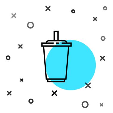 Siyah çizgi kağıt bardak, beyaz arka planda izole edilmiş saman ve su ikonu içeriyor. Soda bardağı. Taze soğuk içecek sembolü. Rastgele dinamik şekiller. Vektör İllüstrasyonu