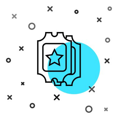 Siyah çizgi sinema bileti simgesi beyaz arkaplanda izole edildi. Rastgele dinamik şekiller. Vektör İllüstrasyonu