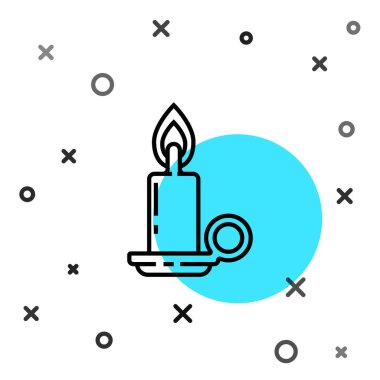 Beyaz arkaplanda izole edilmiş, şamdan simgesinde yanan siyah çizgi. Silindirik mum çubuğu ve yanan ateş. Rastgele dinamik şekiller. Vektör İllüstrasyonu