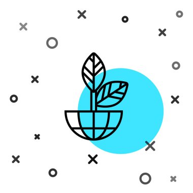 Siyah çizgi Dünya küresi ve bitki ikonu beyaz arka planda izole edildi. Dünya ya da Dünya işareti. Geometrik şekiller. Çevresel konsept. Rastgele dinamik şekiller. Vektör İllüstrasyonu