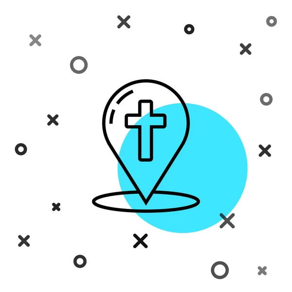 黒線白の背景に隔離されたキリスト教の十字アイコンを持つ地図ポインタ ランダムな動的形状 ベクターイラスト — ストックベクタ