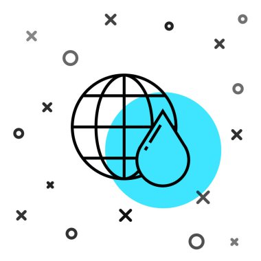 Su damlası ikonundaki kara çizgi Dünya gezegeni beyaz arka planda izole edildi. Su tasarrufu ve dünya çevre koruma. Rastgele dinamik şekiller. Vektör İllüstrasyonu