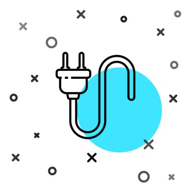Siyah çizgi elektrik prizi simgesi beyaz arkaplanda izole edildi. Bağlantı kavramı ve elektriğin kesilmesi. Rastgele dinamik şekiller. Vektör İllüstrasyonu