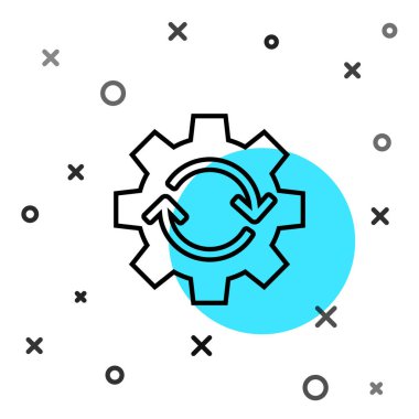 İş akışı konsepti simgesi olarak siyah çizgi dişlisi ve oklar beyaz arkaplanda izole edildi. Vites doldurma tabelası. Rastgele dinamik şekiller. Vektör İllüstrasyonu