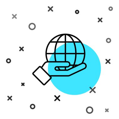 Siyah çizgi insan eli, beyaz zemin üzerinde Dünya 'nın ikonunu tutuyor. Dünya kavramını sakla. Rastgele dinamik şekiller. Vektör İllüstrasyonu