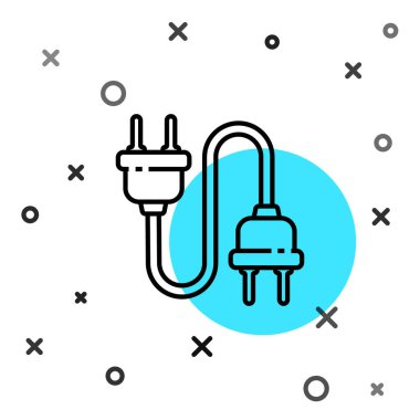 Siyah çizgi elektrik prizi simgesi beyaz arkaplanda izole edildi. Bağlantı kavramı ve elektriğin kesilmesi. Rastgele dinamik şekiller. Vektör İllüstrasyonu