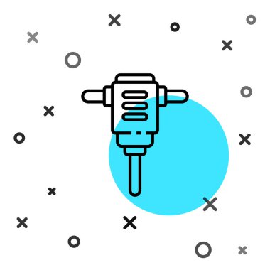 Siyah çizgi elektrikli çekiç matkabı ikonu beyaz arka planda izole edildi. İnşaat, onarım ve onarım için kullanılan bir alet. Rastgele dinamik şekiller. Vektör İllüstrasyonu