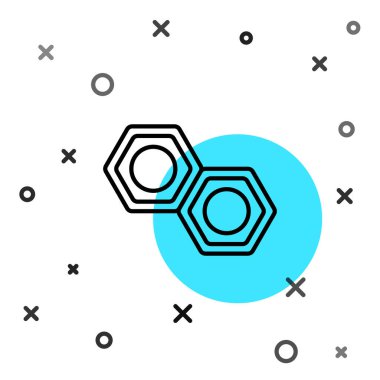 Siyah çizgi altıgen metal fındık ikonu beyaz arkaplanda izole edilmiş. Rastgele dinamik şekiller. Vektör İllüstrasyonu