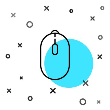 Beyaz arkaplanda siyah çizgi bilgisayar fare oyun simgesi izole edildi. Tekerlek sembollü optik. Rastgele dinamik şekiller. Vektör İllüstrasyonu