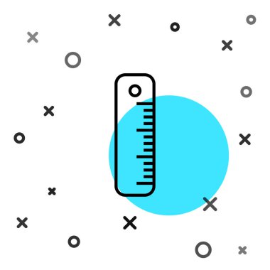 Siyah çizgi cetvel simgesi beyaz arkaplanda izole edildi. Düz sembol. Rastgele dinamik şekiller. Vektör İllüstrasyonu