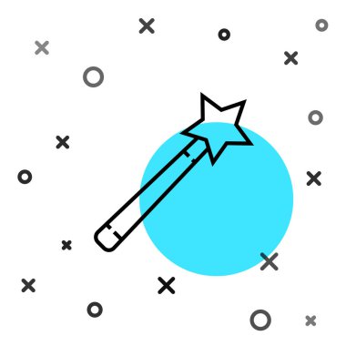 Siyah çizgi sihirli çubuk simgesi beyaz arkaplanda izole edildi. Yıldız şeklinde sihirli aksesuar. Sihirli güç. Rastgele dinamik şekiller. Vektör İllüstrasyonu