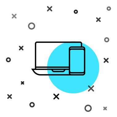 Siyah çizgi bilgisayar monitörü ve cep telefonu simgesi beyaz arkaplanda izole edildi. İnternetten kazanç, pazarlama. Rastgele dinamik şekiller. Vektör İllüstrasyonu