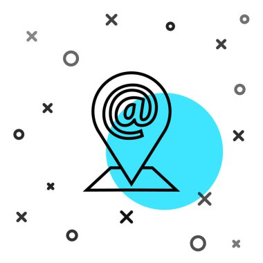 Siyah çizgi konumu, e- posta ve e-posta simgesi beyaz arkaplanda izole edildi. Zarf sembolü e-postası. E- posta kodu. Rastgele dinamik şekiller. Vektör İllüstrasyonu