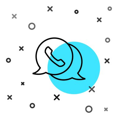 Beyaz zemin üzerinde konuşma balonu sohbet simgesi olan siyah hat telefonu izole edildi. Müşteri hizmetlerini, yardım hattını, çağrı merkezini, faq 'ı destekleyin. Rastgele dinamik şekiller. Vektör İllüstrasyonu