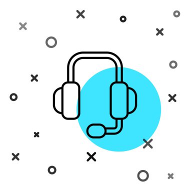 Siyah çizgi kulaklık simgesi beyaz arkaplanda izole edildi. Müşteri hizmetleri, yardım hattı, çağrı merkezi, faq, bakım. Rastgele dinamik şekiller. Vektör İllüstrasyonu