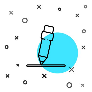 Beyaz arkaplanda silgi simgesine sahip siyah çizgi kalem. Çizim ve eğitim araçları. Okul sembolü. Rastgele dinamik şekiller. Vektör İllüstrasyonu