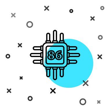 Beyaz arkaplanda izole edilmiş mikro devre işlemci simgesine sahip siyah çizgi Bilgisayar işlemcisi. Devre kartlı çip ya da işlemci. Mikro işlemci. Rastgele dinamik şekiller. Vektör İllüstrasyonu