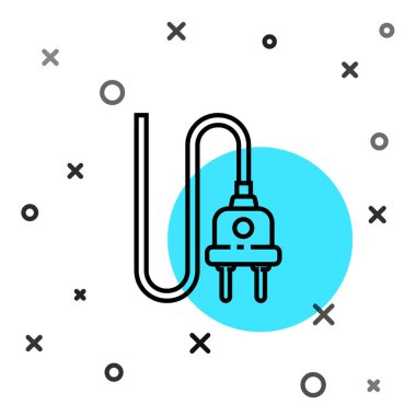 Siyah çizgi elektrik prizi simgesi beyaz arkaplanda izole edildi. Bağlantı kavramı ve elektriğin kesilmesi. Rastgele dinamik şekiller. Vektör İllüstrasyonu