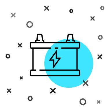 Siyah çizgili araba aküsü simgesi beyaz arkaplanda izole edildi. Akümülatör bataryası enerji ve elektrik akümülatörü bataryası. Rastgele dinamik şekiller. Vektör İllüstrasyonu