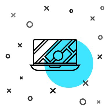 Şehir haritası yön bulma simgesinin siyah çizgi bilgileri beyaz arkaplanda izole edildi. Laptop Uygulama Arayüzü tasarımı. Yer belirleme konsepti. Rastgele dinamik şekiller. Vektör İllüstrasyonu