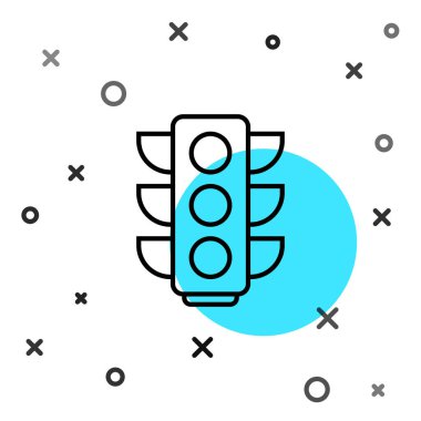 Beyaz arkaplanda siyah çizgi trafik ışığı simgesi izole edildi. Rastgele dinamik şekiller. Vektör İllüstrasyonu