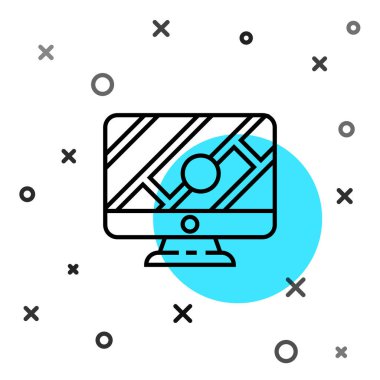 Siyah çizgi bilgisayar monitörü ve beyaz zemin üzerinde konum belirleyici simgesi olan katlanmış harita. Rastgele dinamik şekiller. Vektör İllüstrasyonu