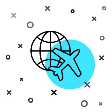 Uçan uçak ikonuna sahip siyah çizgi Globe beyaz arka planda izole edildi. Uçak Dünya 'nın etrafında uçuyor. Uçak dünyası ikonu. Rastgele dinamik şekiller. Vektör İllüstrasyonu