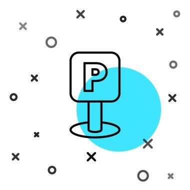 Beyaz arkaplanda siyah çizgi park simgesi izole edildi. Sokak tabelası. Rastgele dinamik şekiller. Vektör İllüstrasyonu