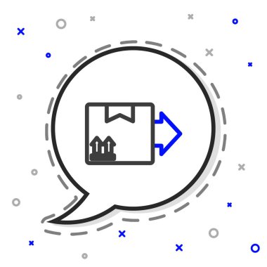 Beyaz zemin üzerinde trafik sembolü simgesi olan çizgi karton kutu. Kutu, paket, paket. Teslimat, ulaşım ve nakliye. Renkli taslak konsepti. Vektör İllüstrasyonu