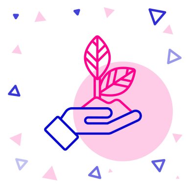 Çevre koruma ikonunun elinde bulunan Hat Tesisi beyaz arka planda izole edildi. Tohum ve tohum. Fidan dikiyorum. Ekoloji konsepti. Renkli taslak konsepti. Vektör İllüstrasyonu