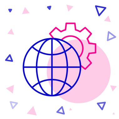 Dünya 'nın Küre Küresi beyaz arka planda izole edilmiş dişli ya da dişli simgesi. Parametreler ayarlanıyor. Global Seçenekler. Renkli taslak konsepti. Vektör İllüstrasyonu