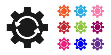 İş akışı konsepti simgesi olarak siyah dişli ve oklar beyaz arkaplanda izole edildi. Vites doldurma tabelası. Simgeleri renklendirin. Vektör İllüstrasyonu