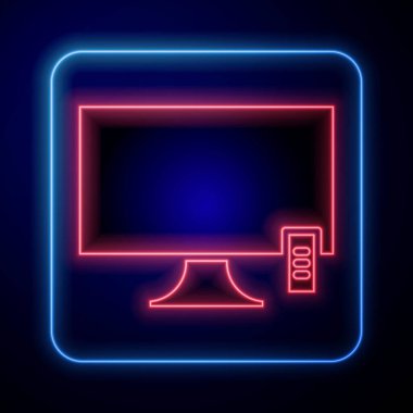 Parlayan neon TV simgesi mavi arkaplanda izole edildi. Televizyon tabelası. Vektör İllüstrasyonu