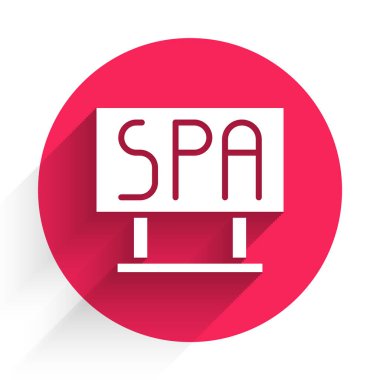Beyaz Spa salonu tabela simgesi uzun gölgeli. Kırmızı daire düğmesi. Vektör İllüstrasyonu