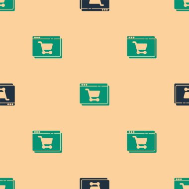 Ekran simgesinde yeşil ve siyah çevrimiçi alışveriş bej arka planda izole edilmiş kusursuz desen. Konsept e-ticaret, e-ticaret, online iş pazarlama. Vektör İllüstrasyonu