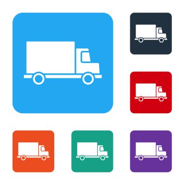 Beyaz kargo kamyonu ikonu beyaz arka planda izole edildi. Renkli kare düğmelerle simgeleri ayarla. Vektör İllüstrasyonu
