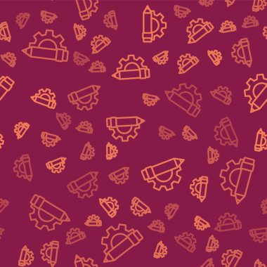 Kahverengi çizgi kalem ve vites simgesi kırmızı arka planda izole edilmiş. Yaratıcı gelişme. Blog yazma ya da metin yazma kavramı. Vektör İllüstrasyonu