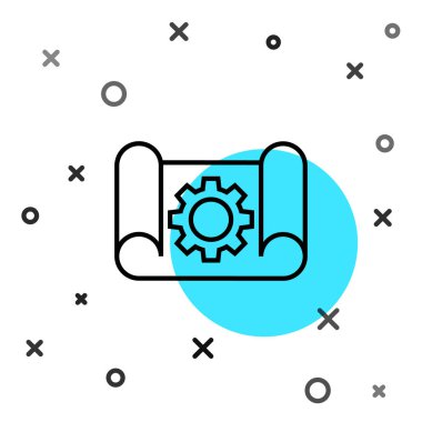 Mühendislik ve vites simgesi için siyah çizgi grafikleri beyaz arka planda izole edildi. Rastgele dinamik şekiller. Vektör İllüstrasyonu